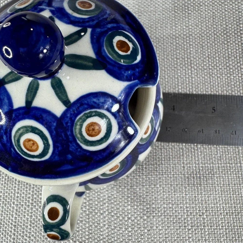 Polish Pottery Peacock Double Handle Sugar Bowl with Lid